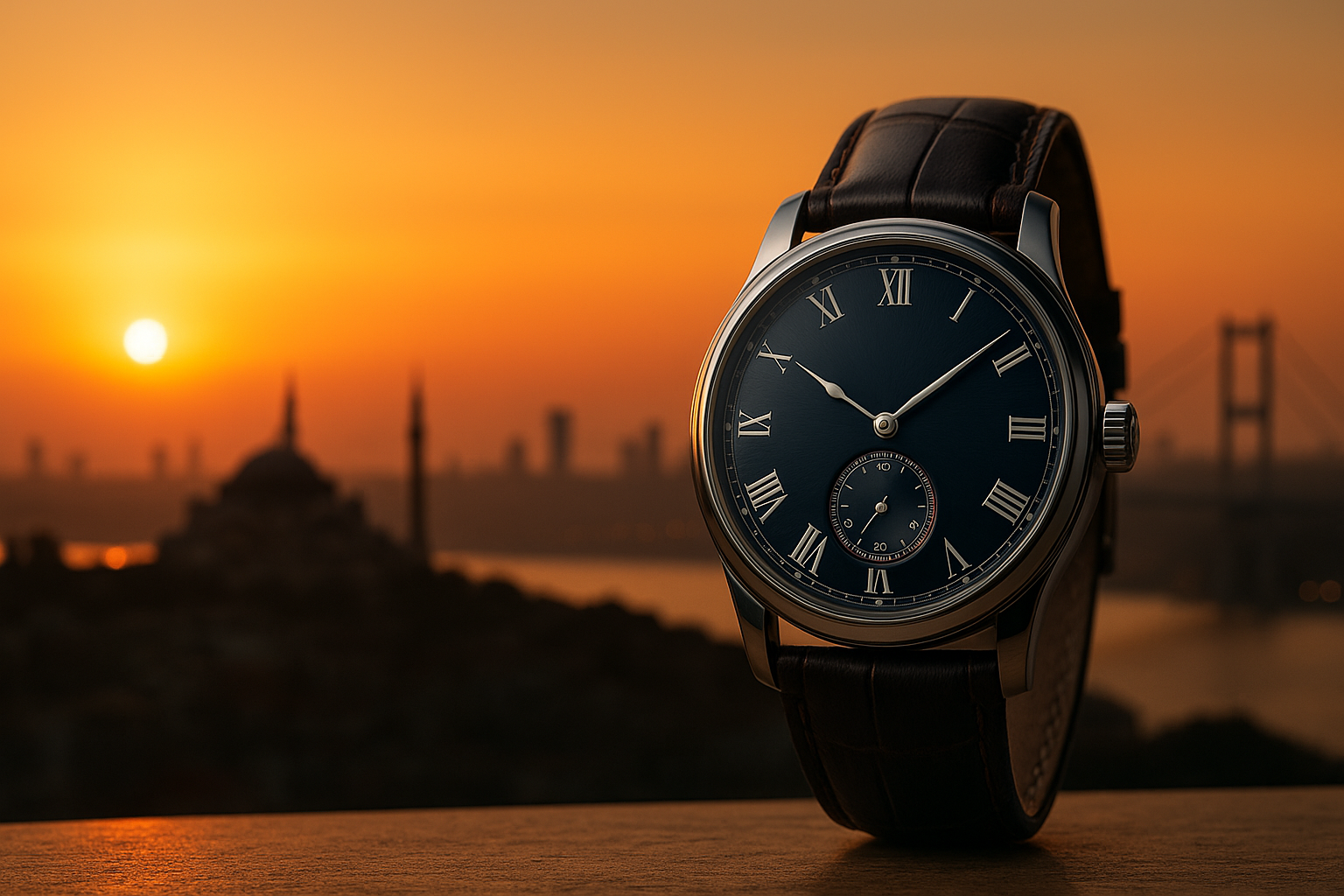 İstanbul Saatçisi ana sayfa banner - Zamanın Zarafeti sloganı ile lüks kol saati, İstanbul manzarası arka planında premium erkek saati modeli